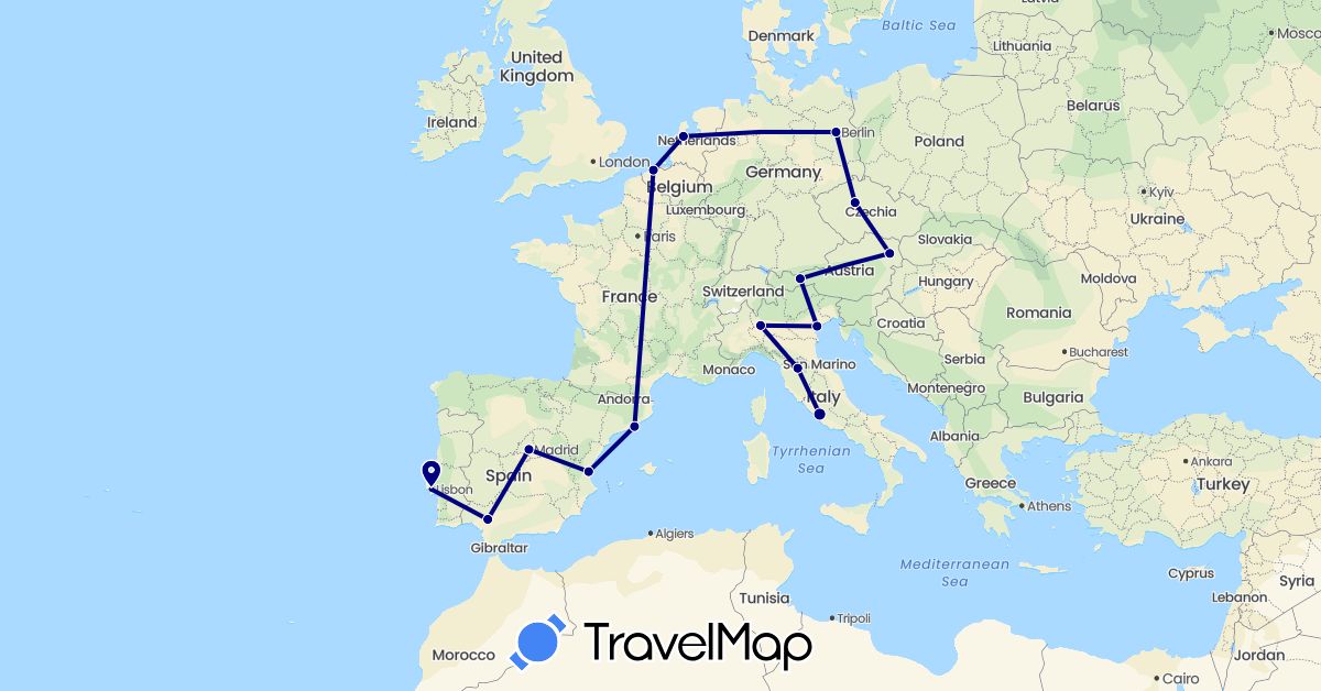 TravelMap itinerary: driving in Austria, Belgium, Czech Republic, Germany, Spain, Italy, Netherlands, Portugal (Europe)